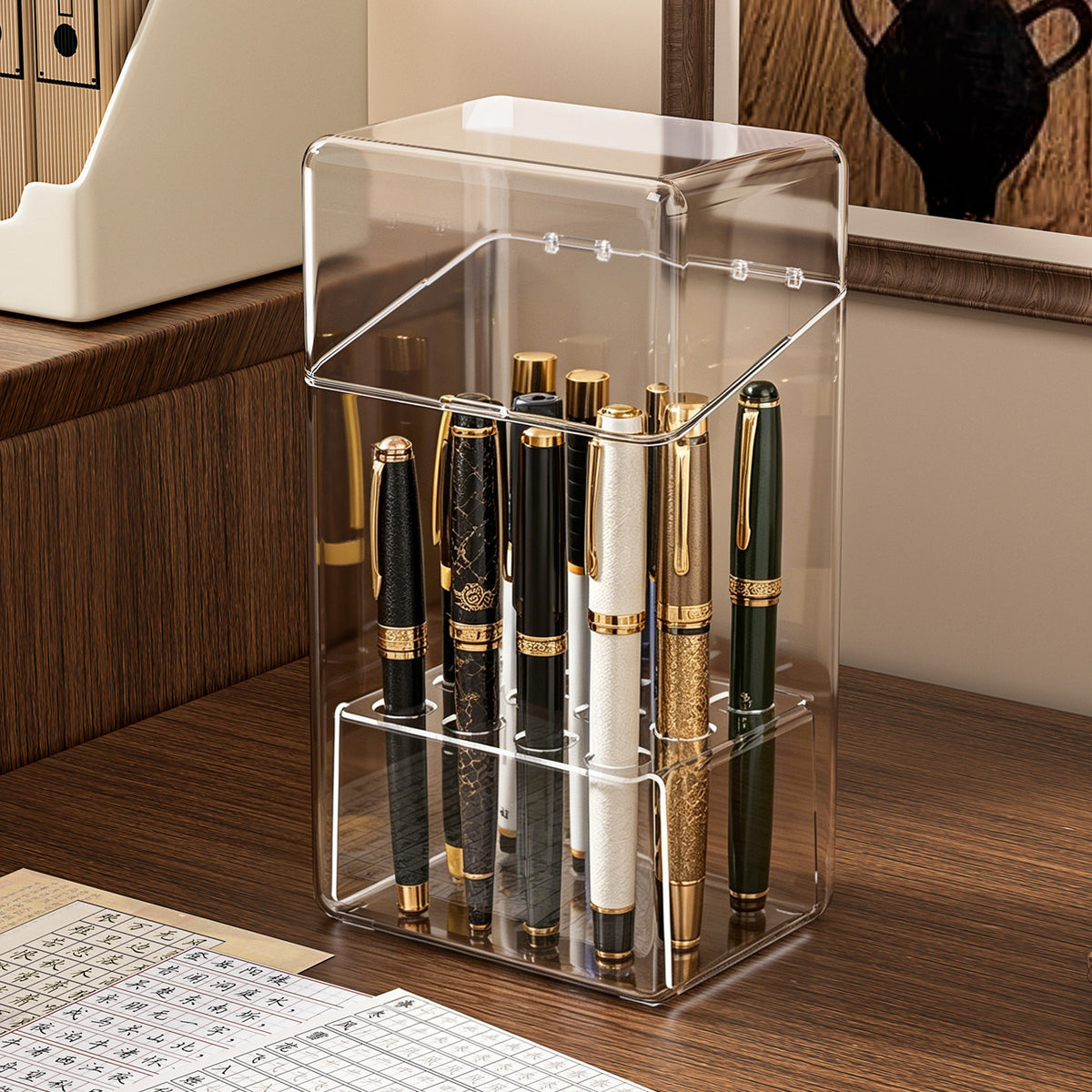 Acrylic Pen Display Case with Dividers, Transparent Dustproof Pen Holder for Fountain Pens, Ballpoint Pens, and Collectible Pens