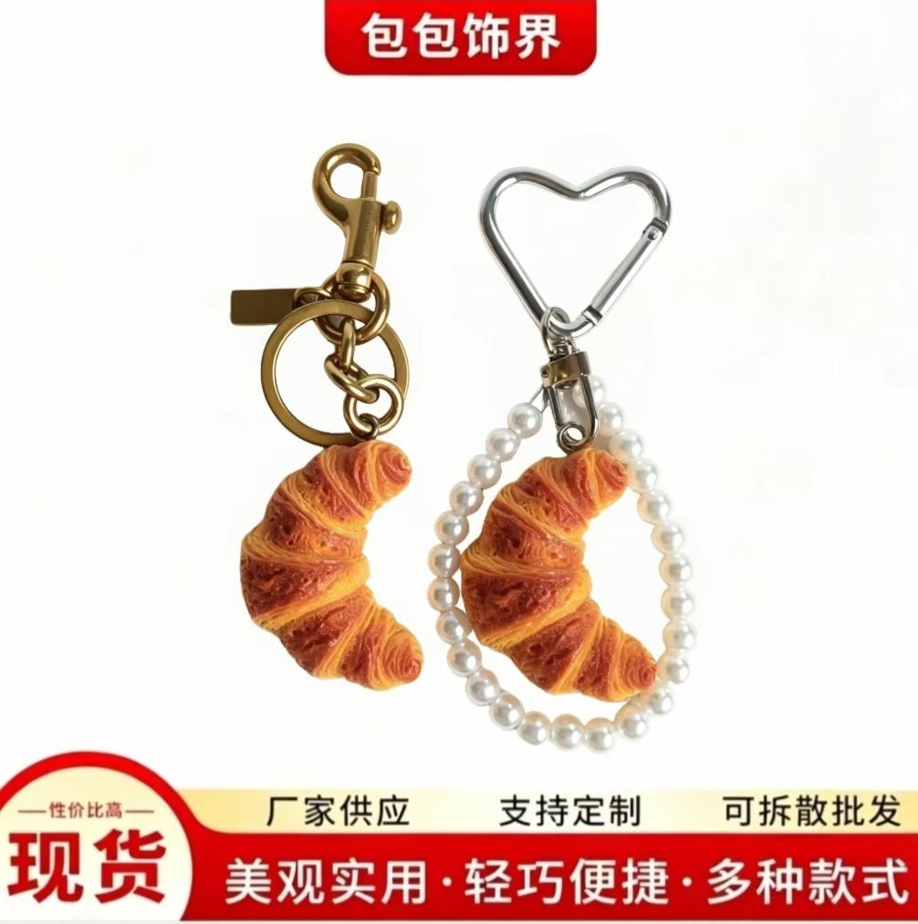 Croissant Bag Charm with Pearl Metal Chain for Handbags, Car, or Festive Gift