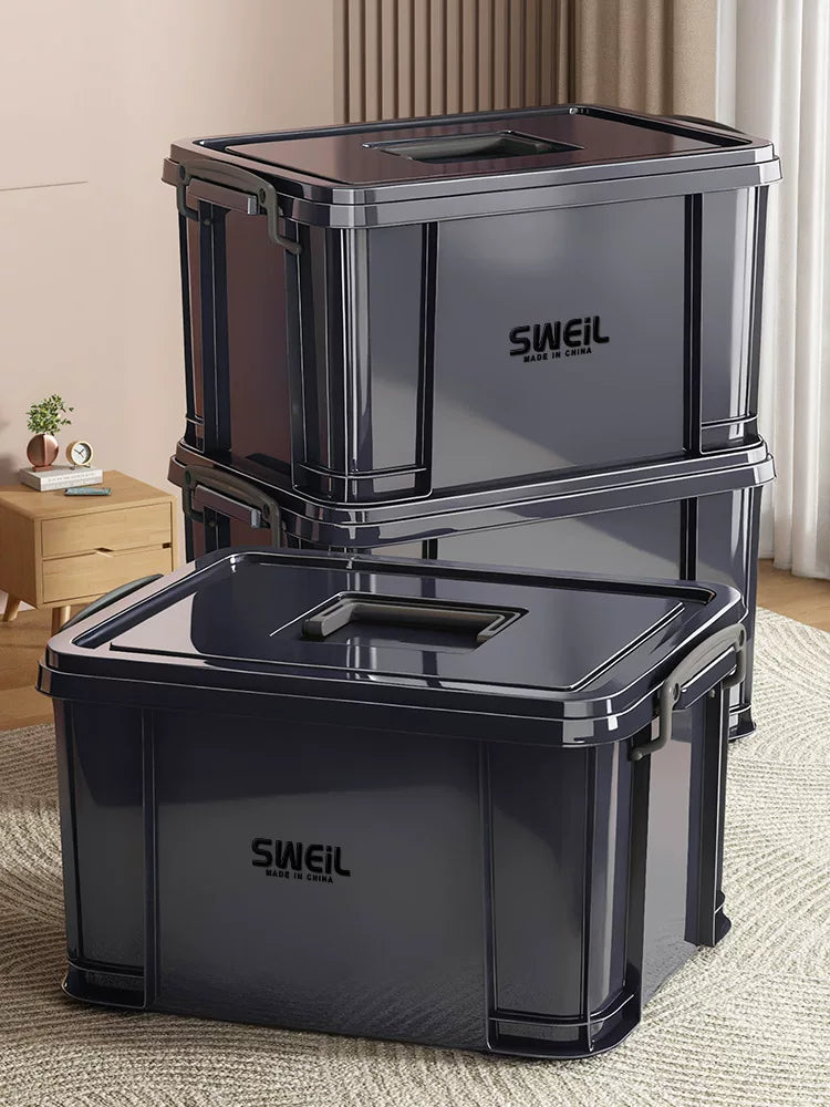 Industrial Style Stackable Plastic Storage Box with Lid, Large Capacity Multi-functional Organizer Bin