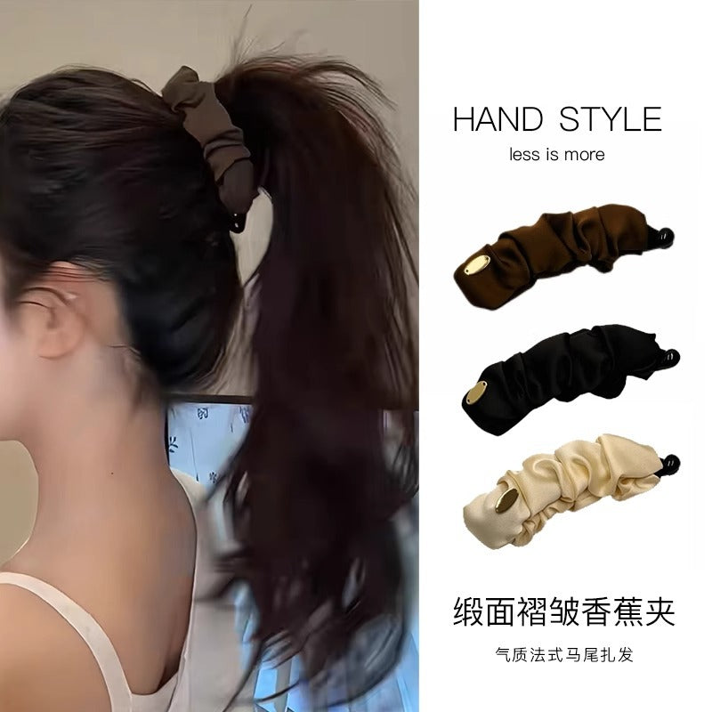 Satin Pleated Banana Hair Clip for Ponytails and Updos, Vertical Twist Hair Claw for Thin Hair