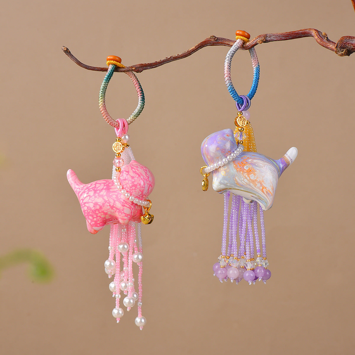 Handmade Lacquer Maneki-Neko Beaded Tassel Bag Charm Keychain for Cheongsam
