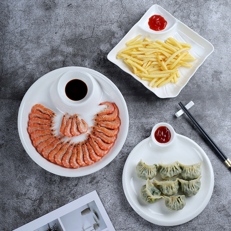 Ceramic Dumpling Plate with Vinegar Dish and Compartments