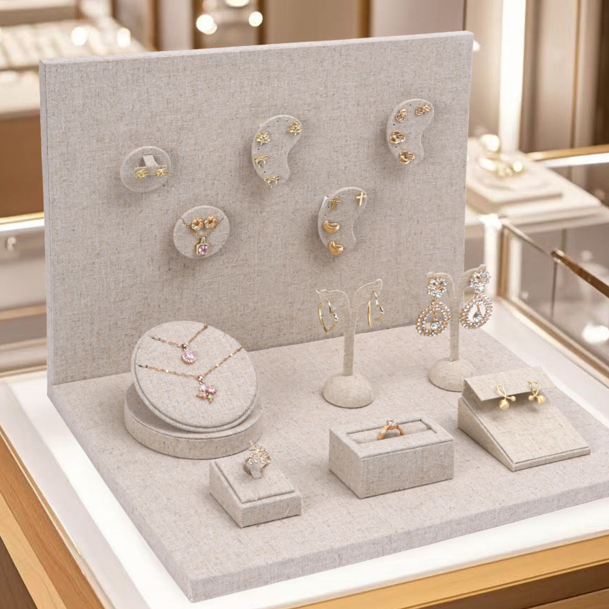 Linen Jewelry Display Stand for Necklaces, Rings, Bracelets, and Earrings - Showcase Organizer for Stores and Live Streams