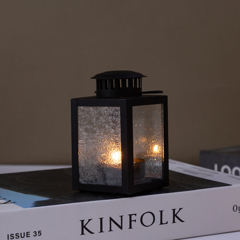 Vintage Ripple Glass Lantern Candle Holder with Handle, Creative Aromatherapy Iron Art Candlestick for Home Decor