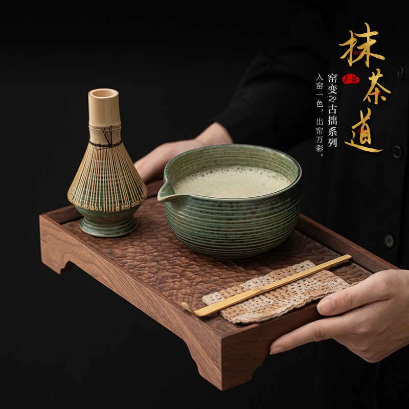 Handmade Ceramic Matcha Bowl with Wavy Pattern for Traditional Tea Ceremony