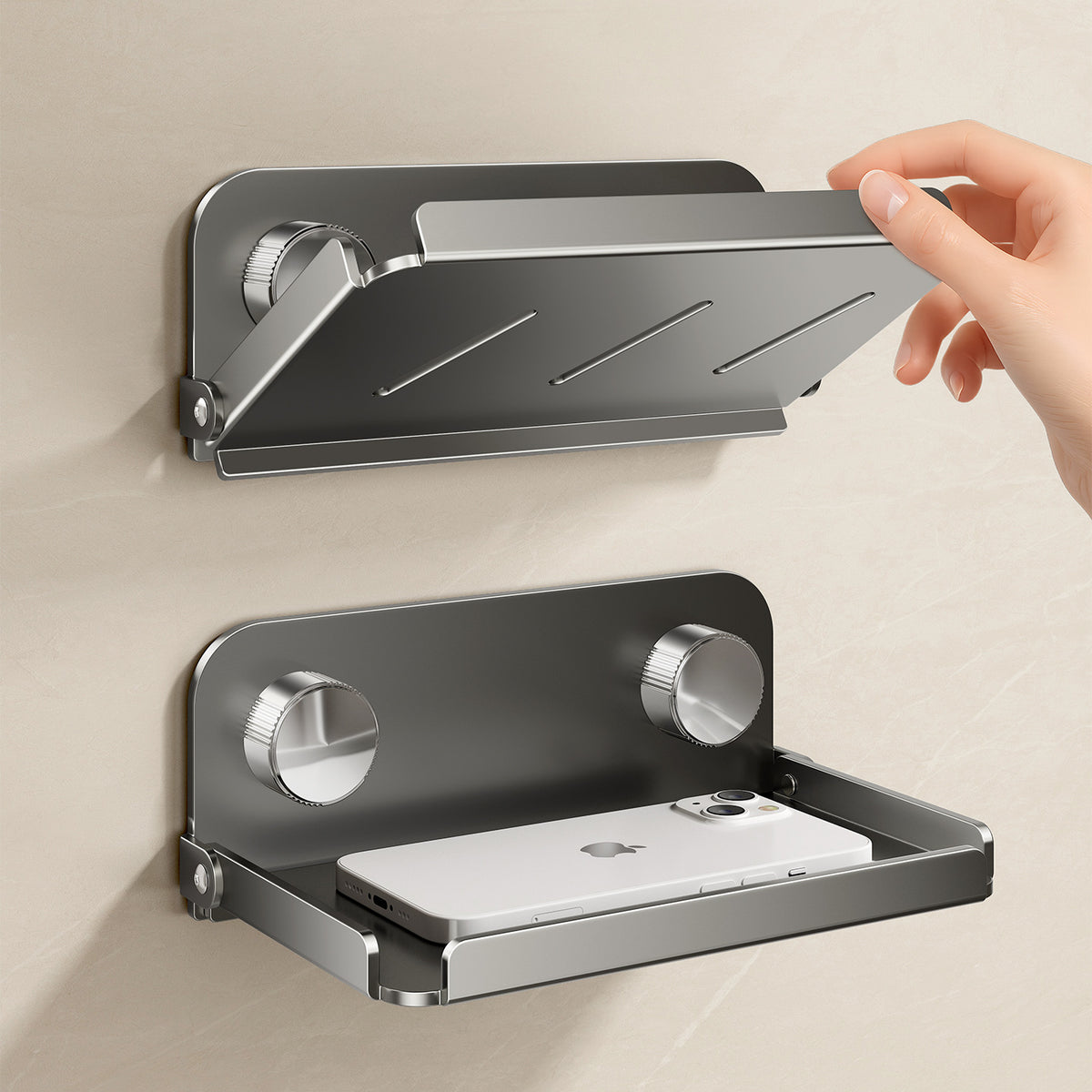 Foldable Stainless Steel Bathroom Phone Holder with Storage Tray, No-Drill Wall Mount