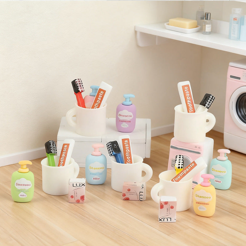 Miniature Dollhouse Bathroom Accessories Set - Toothbrush, Toothpaste, and Shower Gel for Micro Landscape Decor