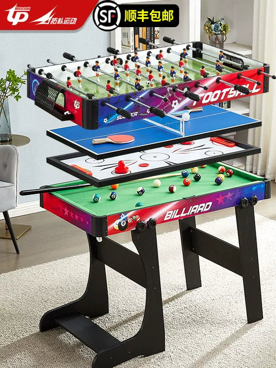 Kids Multi-functional Game Table 2-in-1 Foldable Foosball Billiards or 4-in-1 Air Hockey Table Tennis Solid Wood Activity Center
