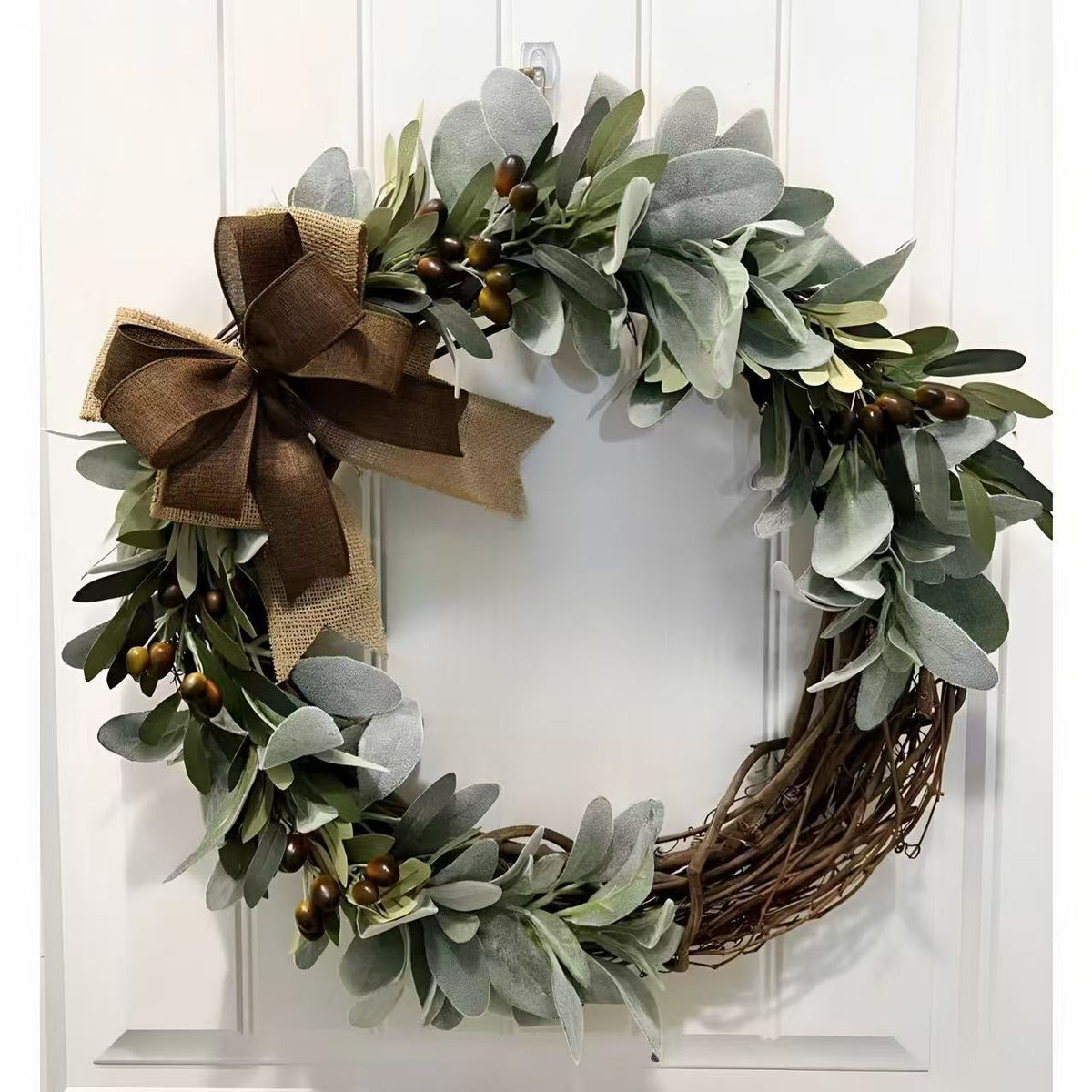 Artificial Lamb's Ear Olive Half Wreath Greenery Garland for All Seasons Door Wall Hanging Home Decor