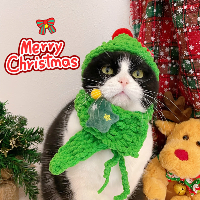 Knitted Pet Christmas Hat and Scarf Set for Cats and Dogs, Hand-Crocheted Festive Pet Costume
