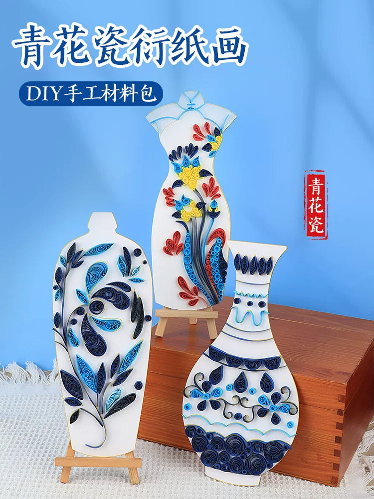 Qipao Quilling Art Kit for Beginners - Blue and White Porcelain Design DIY Craft Set with Tools