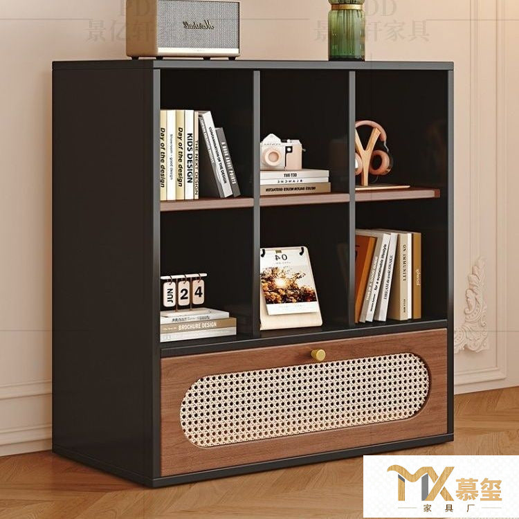 Vintage Rattan Record Player Cabinet Living Room Entryway Large Capacity Storage Bookcase Office Display