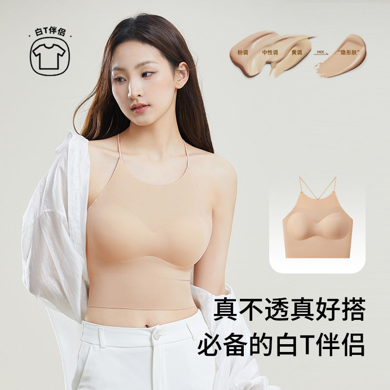 Women's Halter Neck Crop Top with Built-in Bra Pads, Seamless Backless Camisole