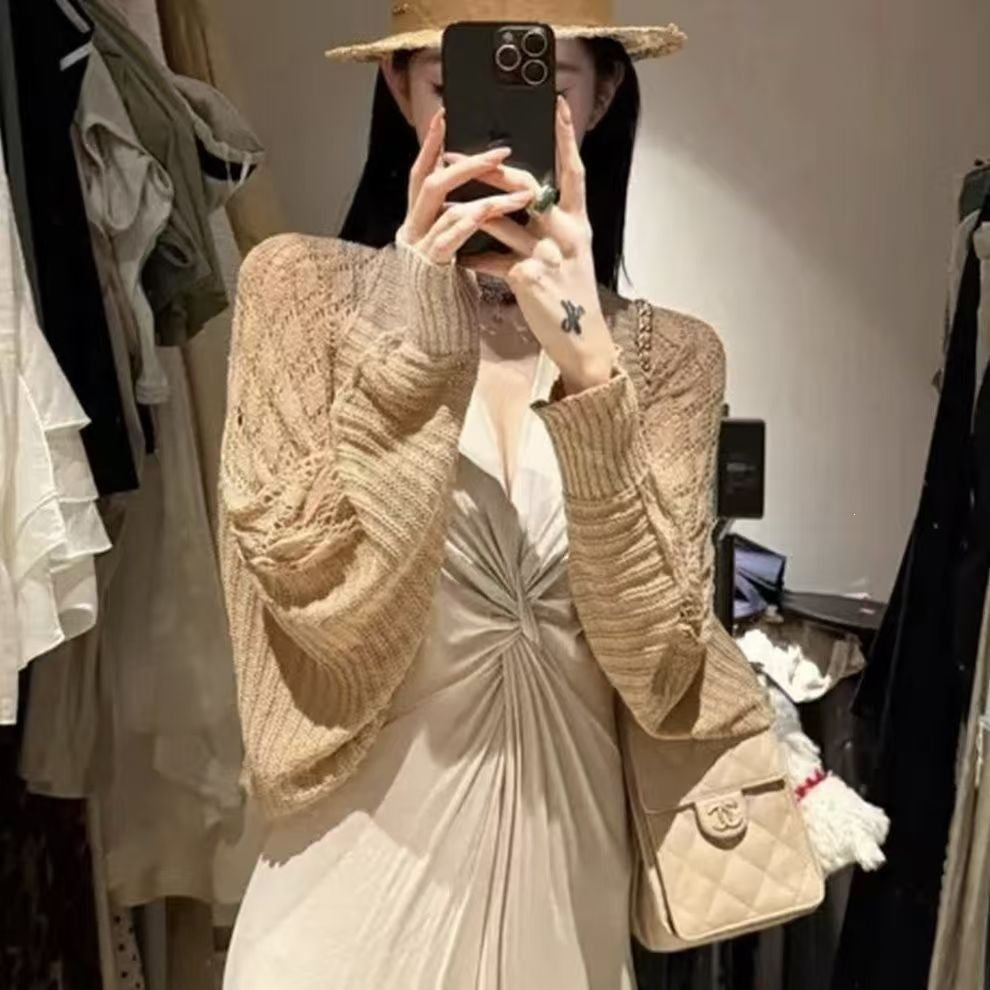 Women's Ice Silk Hollow Knit Sun Protection Shawl Long Sleeve Thin Solid Color Cape