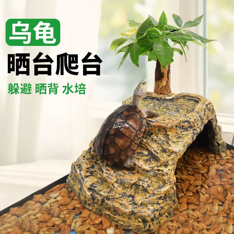 Turtle Basking Platform with Climbing Ramp and Hiding Cave for Aquarium
