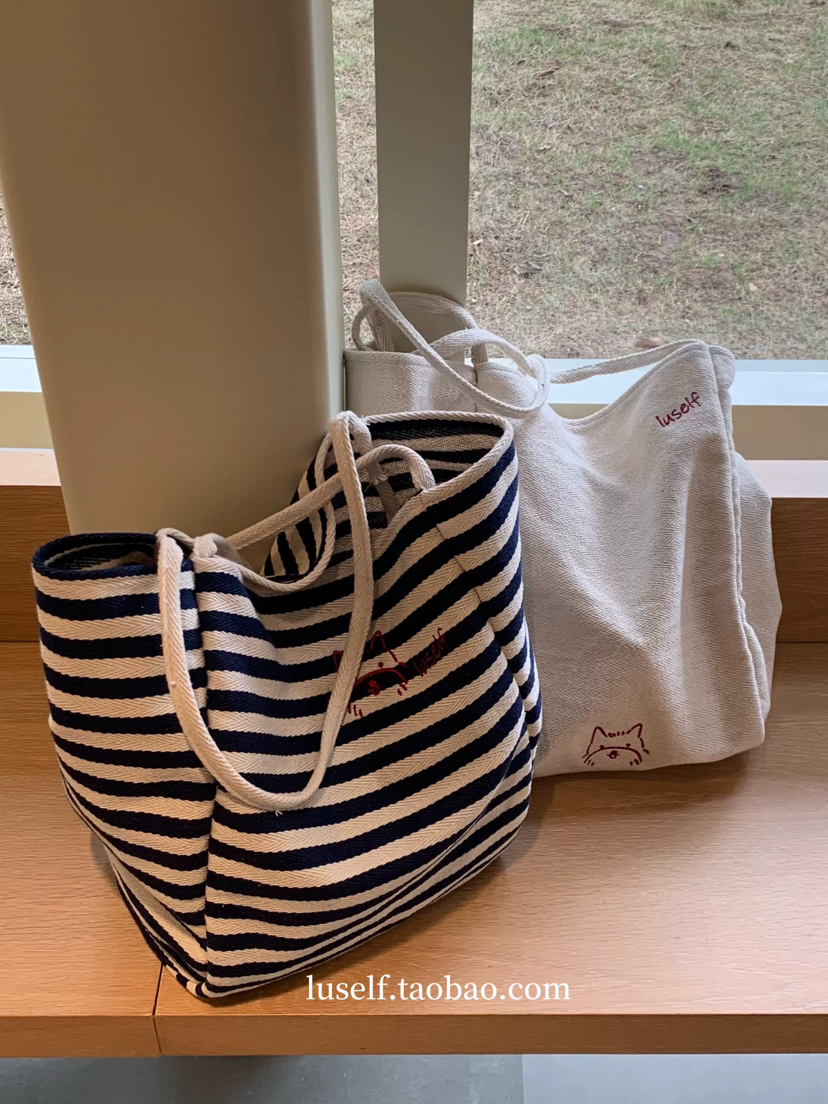 Luself "Happy Puppy" Striped Canvas Tote Bag, Large Capacity Embroidered Shoulder Bag