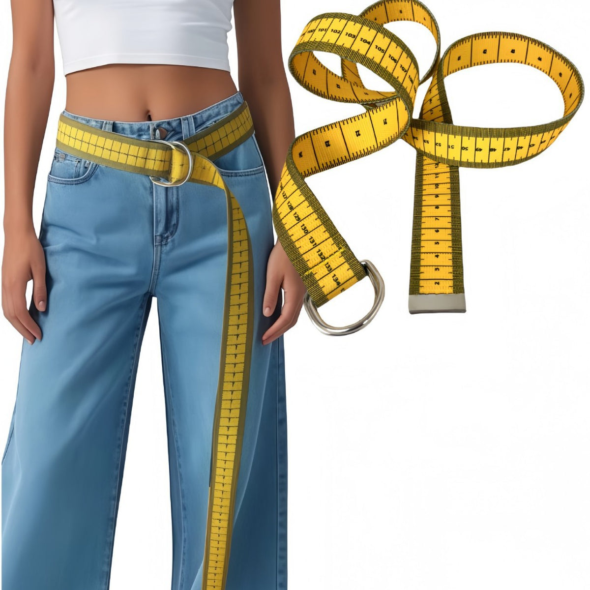 Tape Measure Belt with Alloy Double Ring Buckle, Multi-functional Soft Ruler Fashion Waist Belt