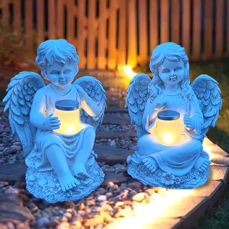 Solar-Powered Cupid Angel Boy/Girl Garden Statue with Lantern