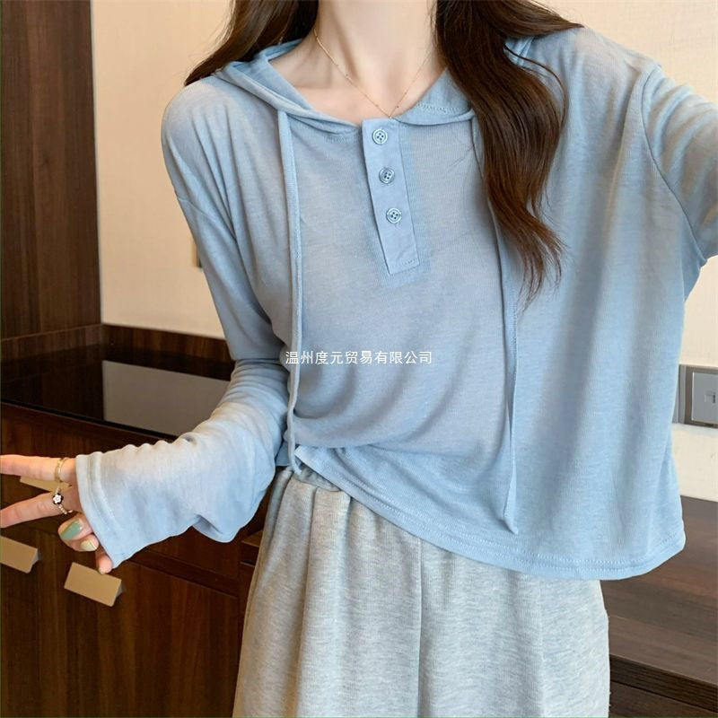 Women's Hooded Sun Protection T-Shirt Thin Loose Short Ice Silk Long Sleeve Top