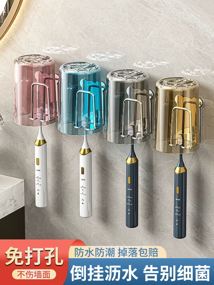 Stainless Steel Wall-Mounted Toothbrush Holder with Tumblers, No-Drill Bathroom Organizer for Couples