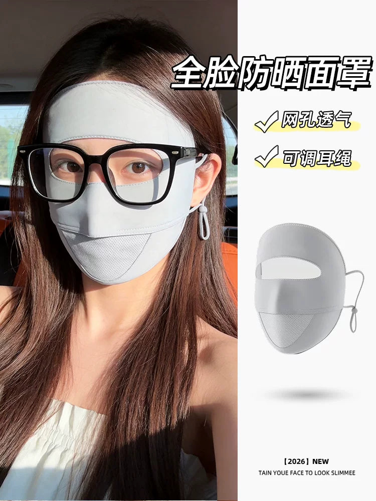 Full Face UV Protection Sun Mask for Women, Breathable Ice Silk Facekini with Glasses Compatibility