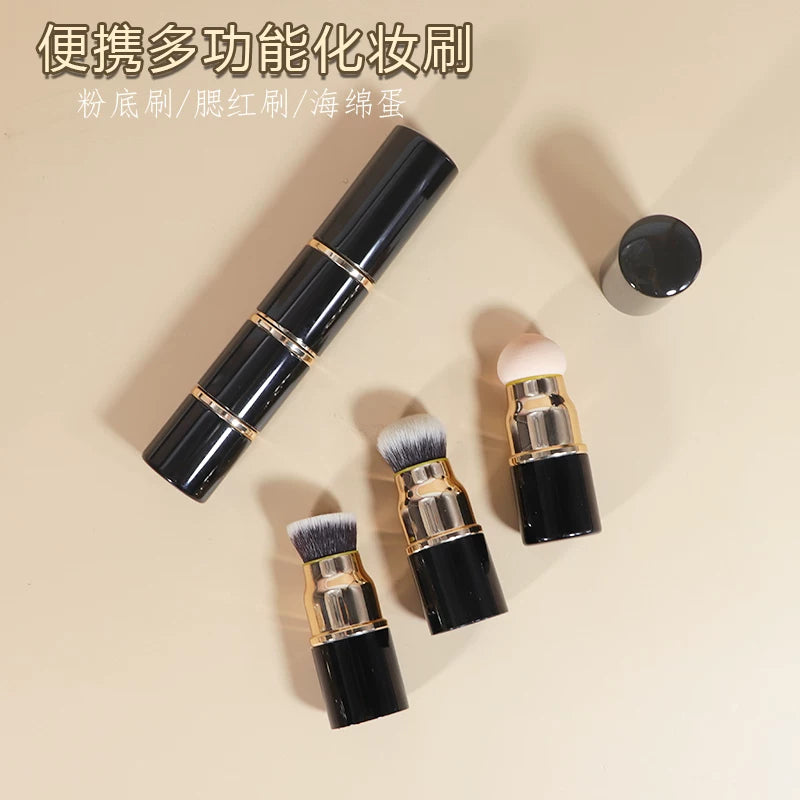 2024 New Mini Portable Detachable 3-in-1 Makeup Brush Set with Cap for Travel - Foundation, Powder, Blush