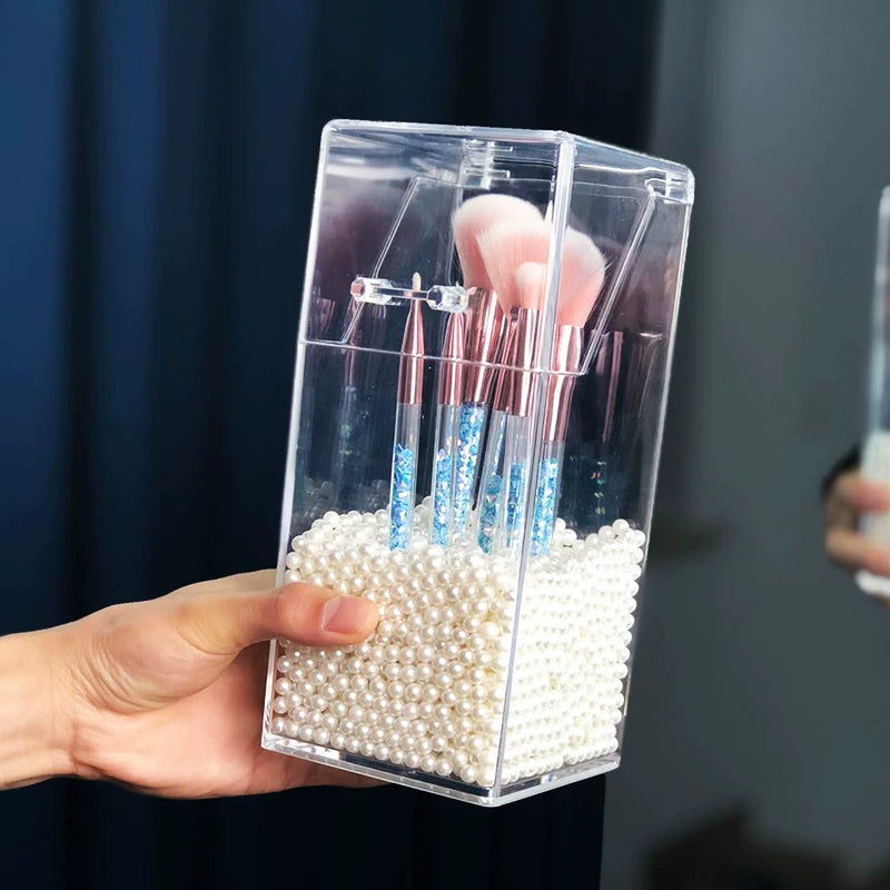 Acrylic Makeup Brush Holder with Lid and Pearl Fillers, Dustproof Cosmetic Organizer for Vanity