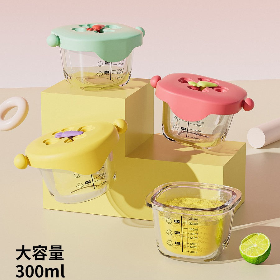 High Temperature Resistant Glass Baby Food Storage Container, Microwave & Freezer Safe, Steaming Bowl with Cartoon Pattern