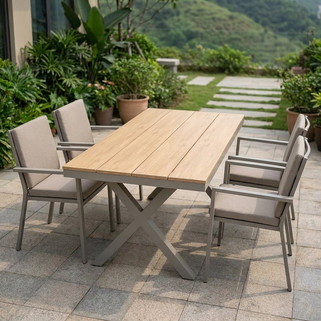 Garden Table Set, Outdoor Dining Set, BBQ Table, 75cm, Rectangular, Wood Composite Material, 4-Piece Set