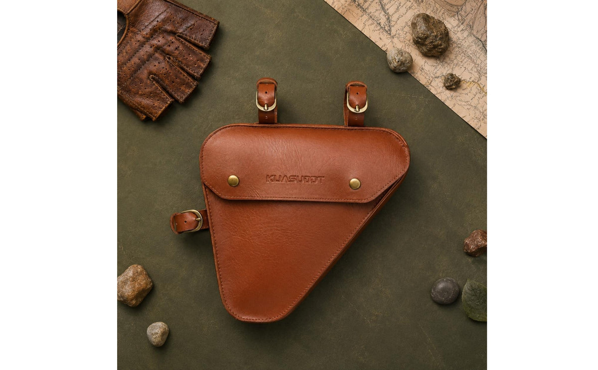 Brown Triangular Frame Bag Faux Leather Front Triangle Bag Snap Closure Storage Pouch Metal Buckles