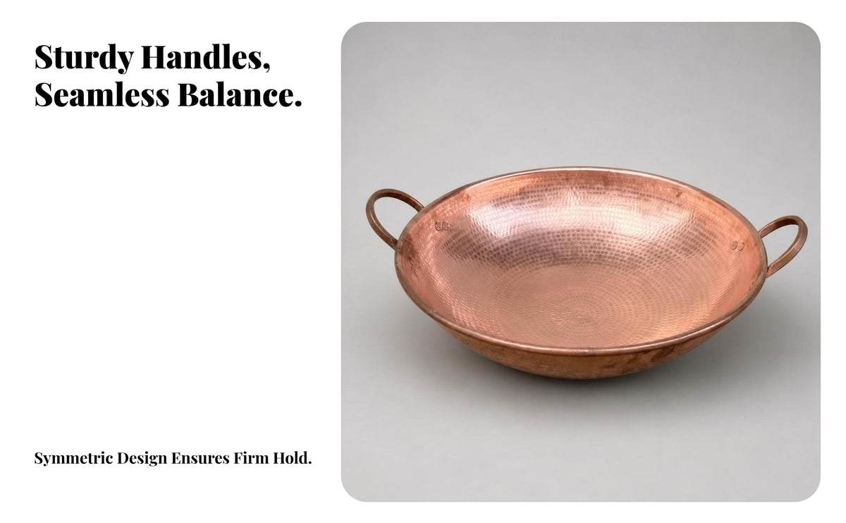 Gas-Burner Compatible Copper Wok | Shallow Round Bowl Shape, Wok with Side Handles, for Stir-Frying