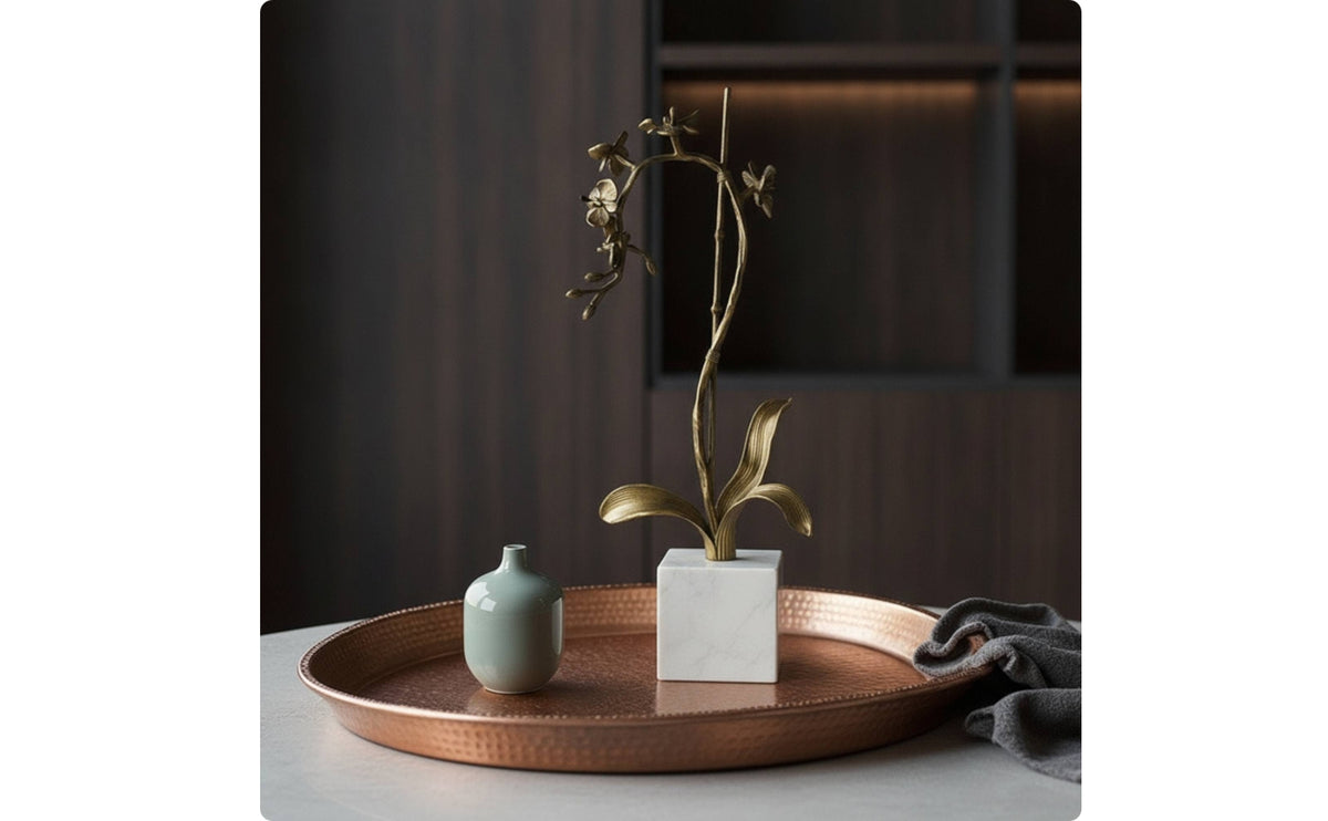 Flower Statue with Marble Golden Finish-Tone Flower Sculpture Modern Figurine for Reception Area