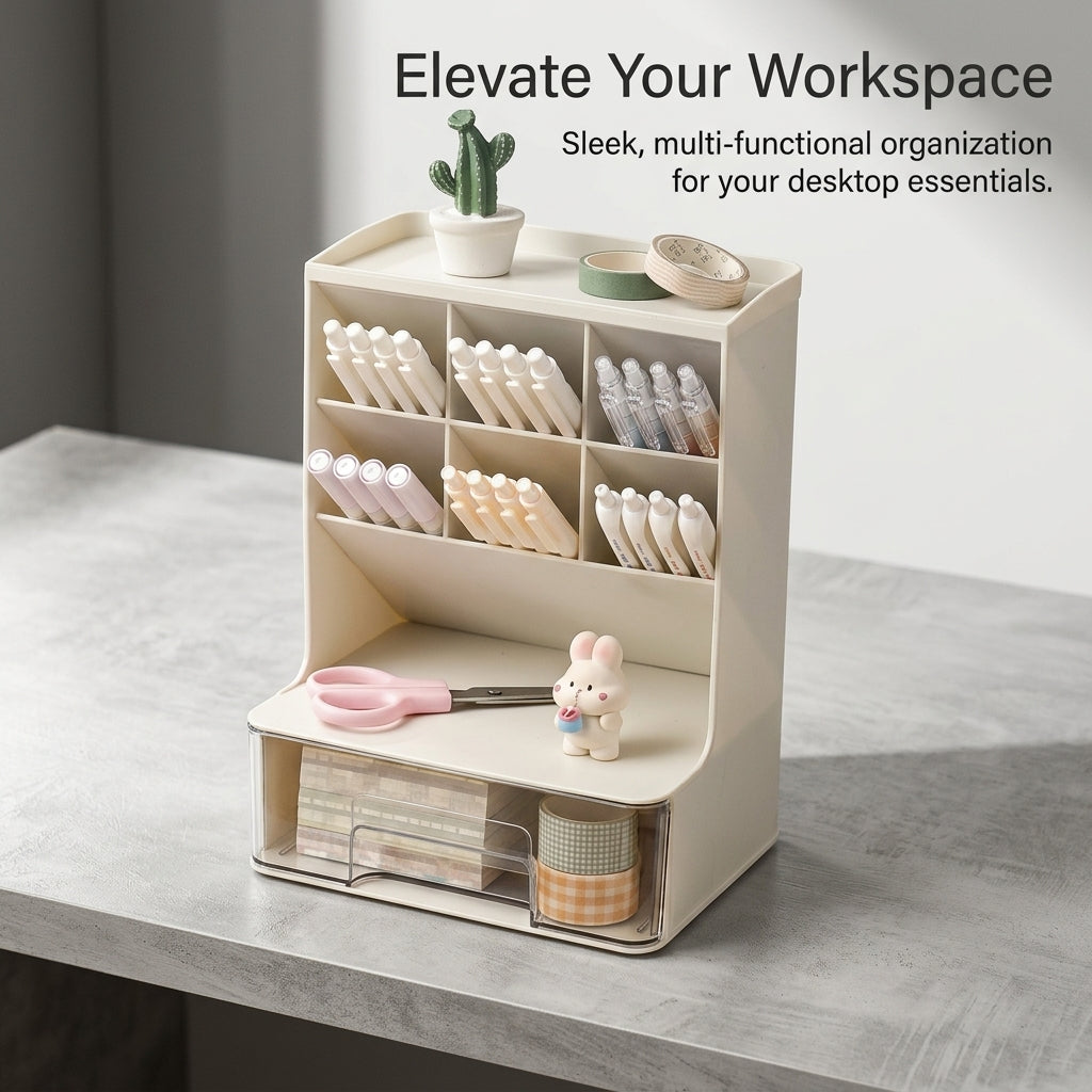 Desk Organizer with Drawer, Angled Pen Holder for Office Desktop Storage, Pencil for Students, Rectangular Stationery