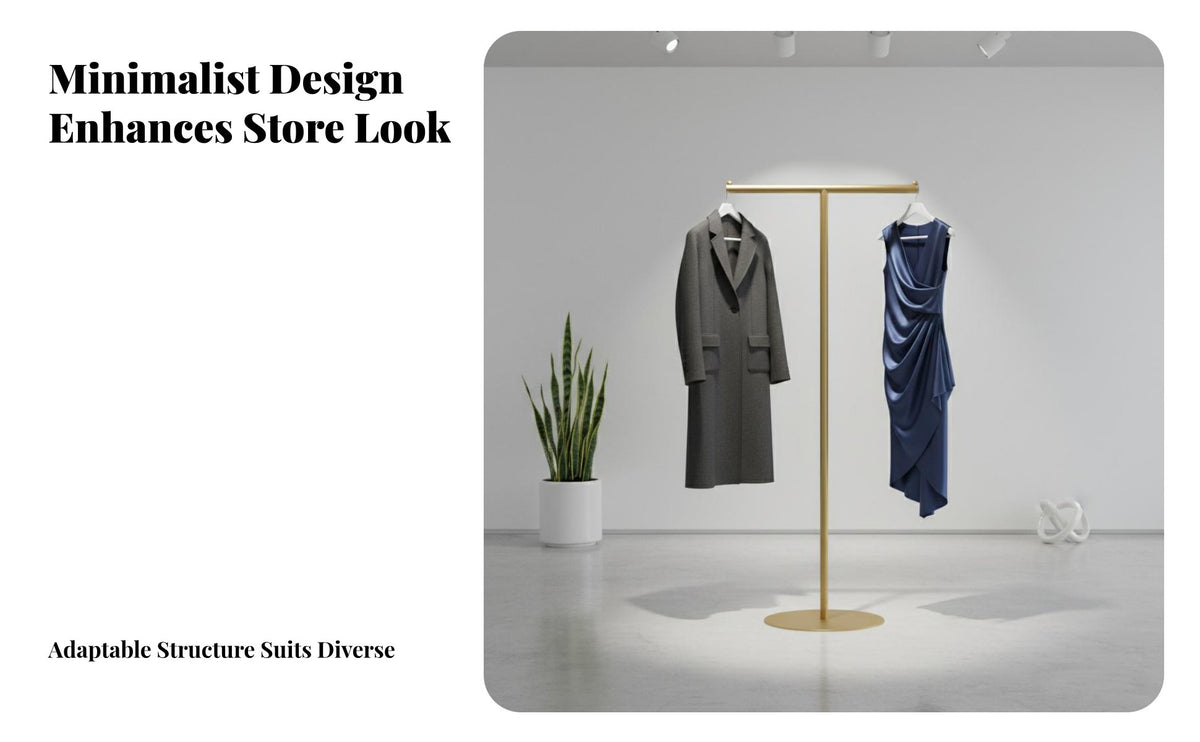 High and Low Configuration Island Display Rack Shiny Finish Gold Clothing Display Shelf Modern Design Gold Clothing Rack with Shelf Easy to Assemble for Retailers, Shopkeepers, Retail Space, Showroom