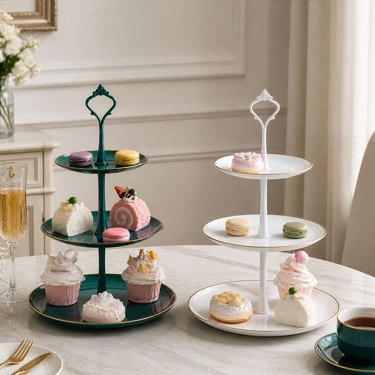 3 Tier Serving Stand, Ceramic & Metal Cupcake Stand, Buffet Risers for Party Entertaining, Lace Round Plates