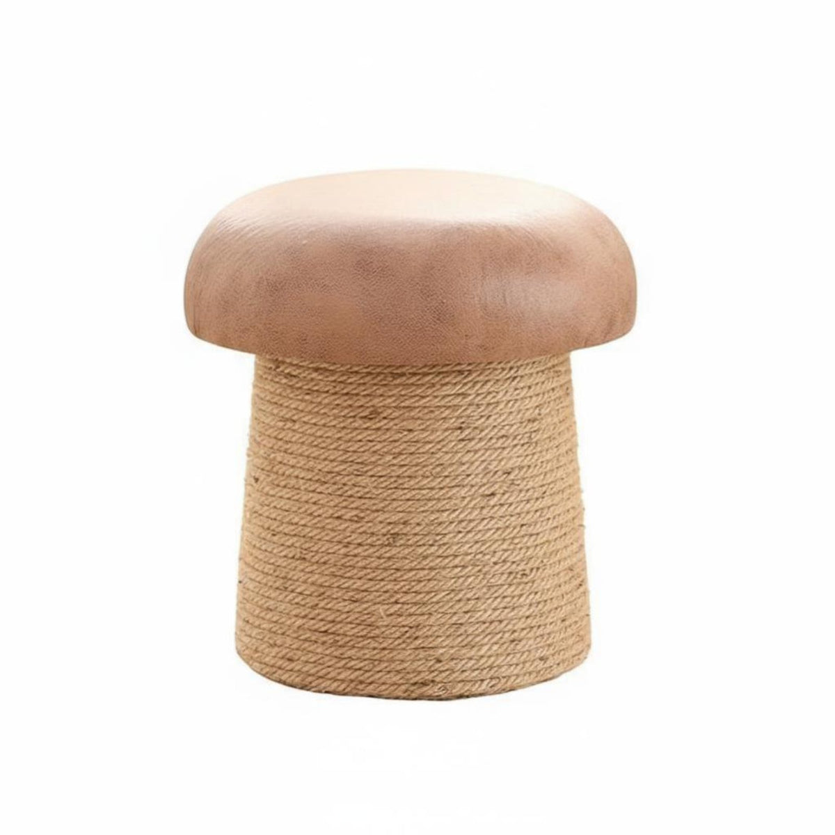 Toadstool-Like Shape Rope-Wrapped Round Stool Solid Wood Frame Small Round Ottoman Hand-Woven Design Footstool Extra Seating for Homeowners, Parents, Renters, Tatami Room, Entryway, Bedroom, Nursery