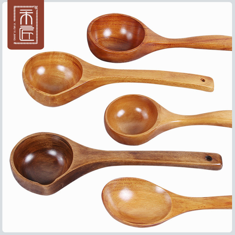 Long Handle Wooden Large Soup Spoon Big Wood Water Ladle Wine Spoon for Home Cooking Creative Japanese and Korean Wood Spoon Kitchen Wood Tableware
