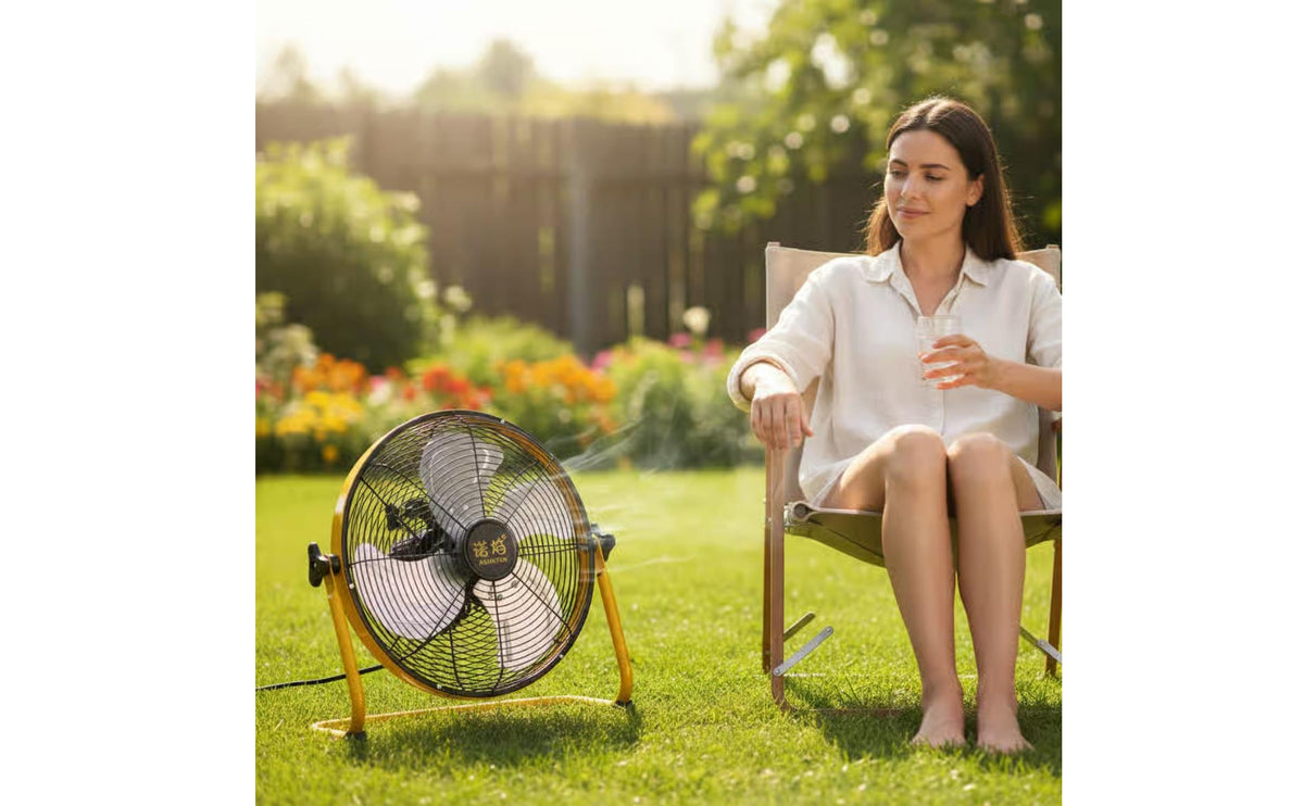 Adjustable Angle Yellow Metal Floor Fan Rubber Feet Portable Floor Fan Black Grille Air Cooling Gear Heavy Duty