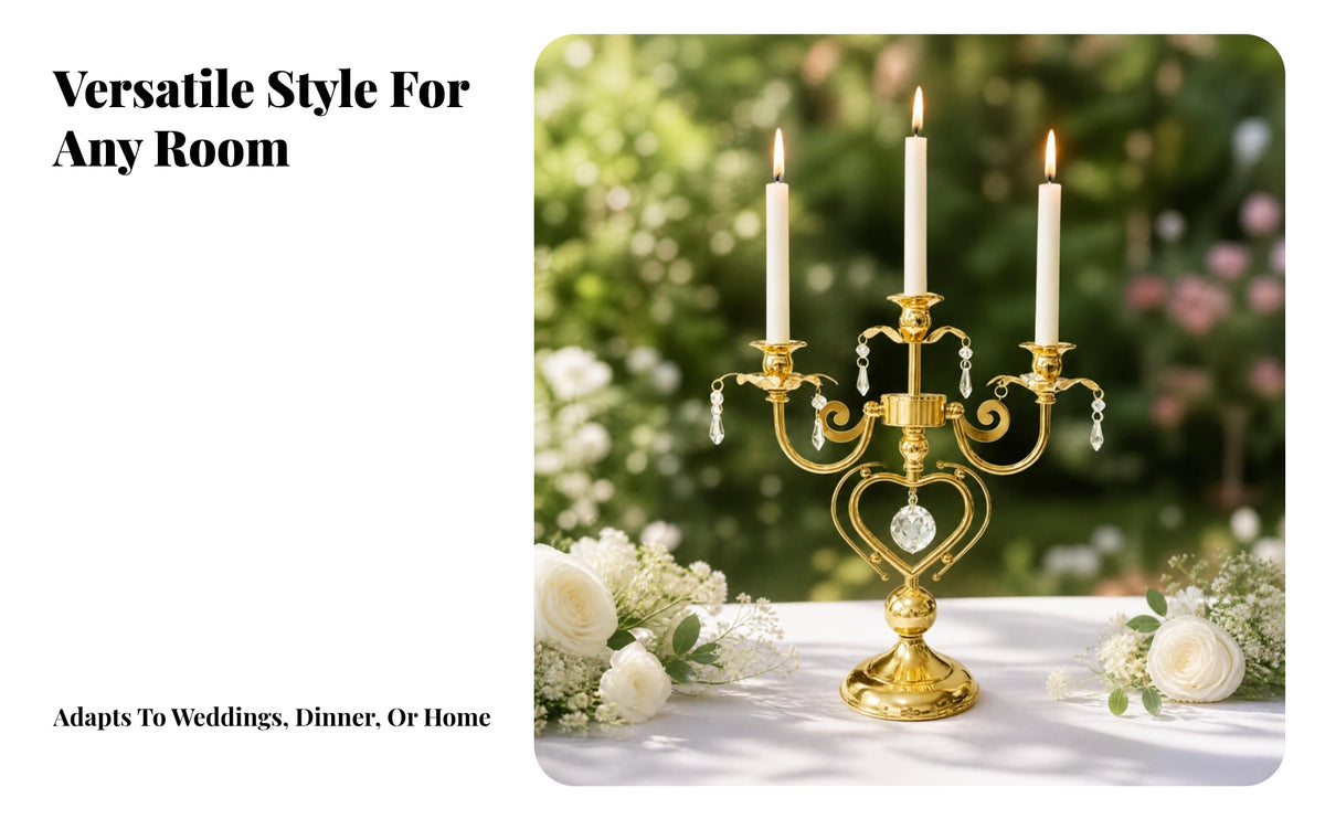 Gold-Tone 3-Arm Crystal Candle Holder European-Style Three-Branch Candle Holder Heart-Shaped 3-Head Crystal Candlestick Pedestal Base
