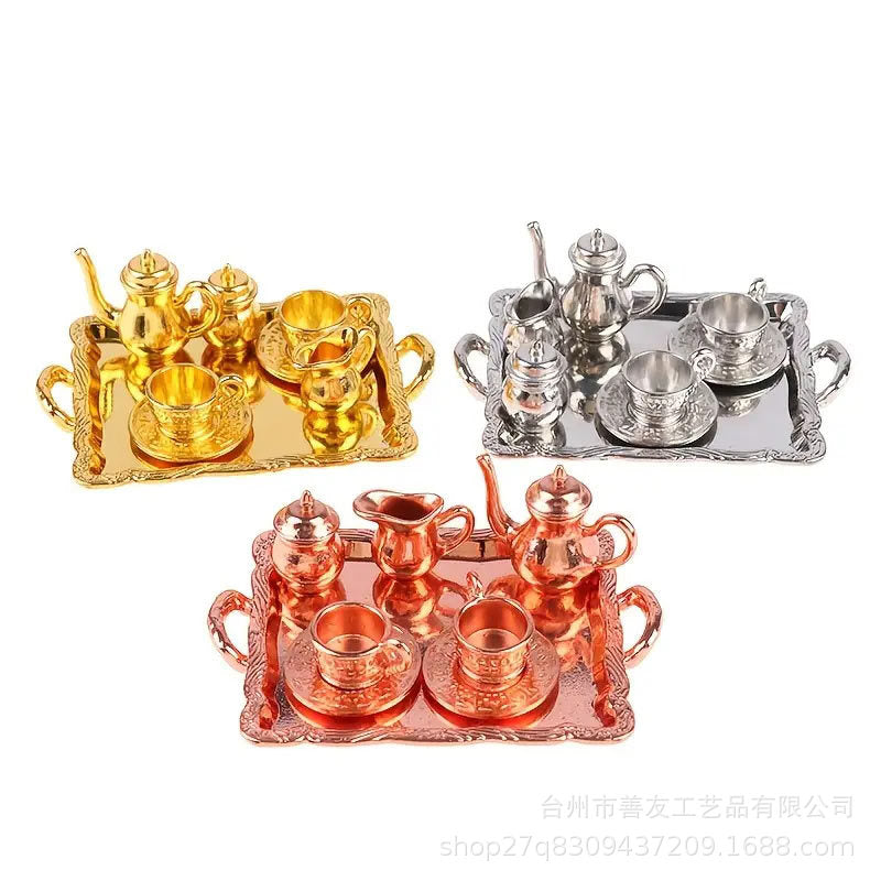Dollhouse Miniature Alloy Afternoon Tea Set for Kitchen Micro Scene Photography Prop