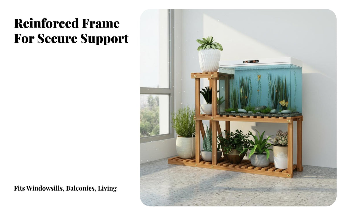 Multi-Functional Small Aquarium Base Minimalist Design Low Wooden Plant Stand Space Saving Wooden Flower Pot Holder Sturdy Construction for Balcony, Living Room, Windowsill, Office