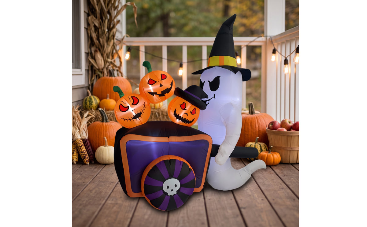 Lighted Ghost Inflatable with Pumpkin Cart LED Inflatable Ghost with Jack-O-Lanterns Spooky Yard Decoration Glowing for Haunted House
