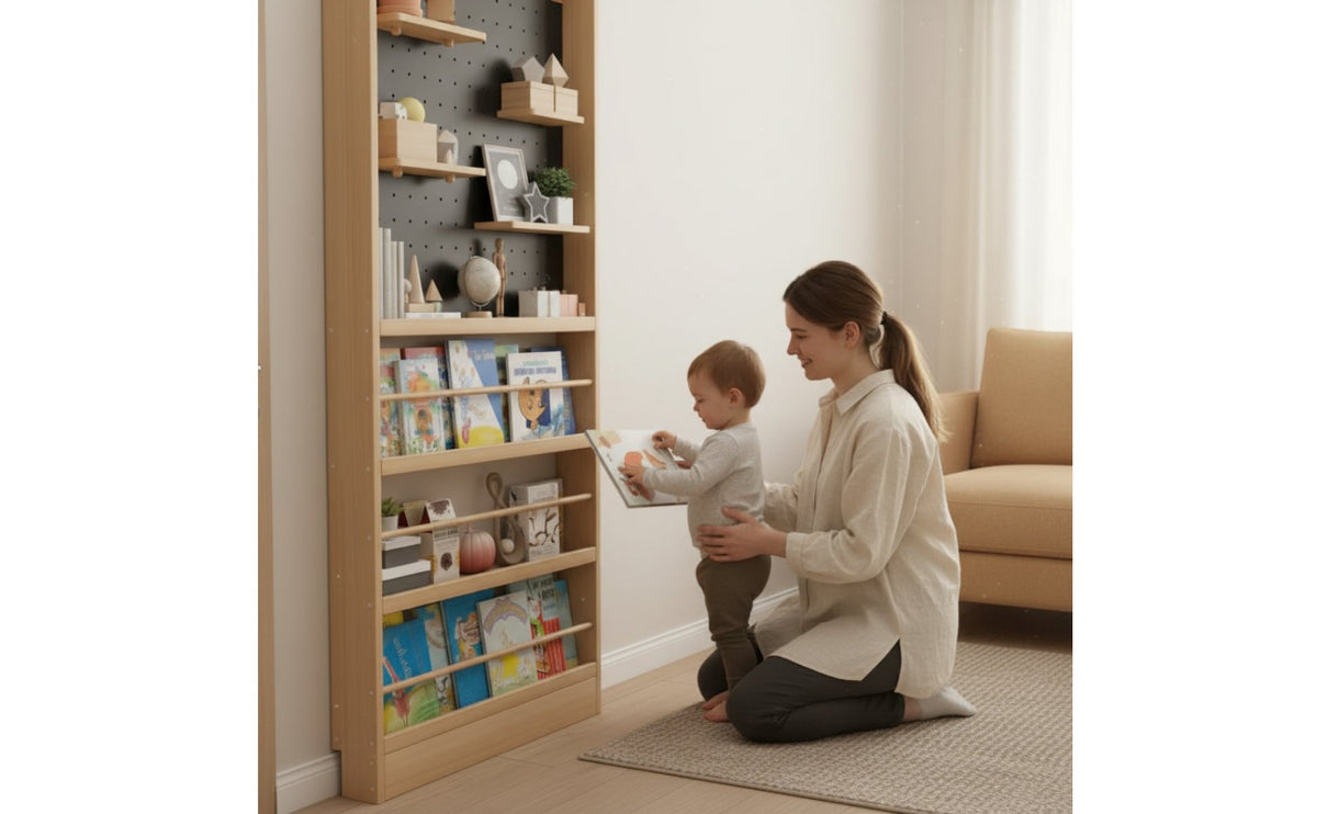 Space-Saving Slim Behind-Door Storage Cabinet Solid Wood Freestanding Pegboard Bookshelf Narrow Picture Book Display Rack for Children, Entryway, Bedroom, Study Room