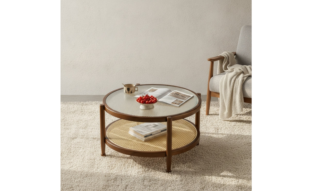 Round Coffee Table Boho Coffee Table with Rattan Shelf Wooden Furniture for Living Room, Small Apartments, Reading Corners