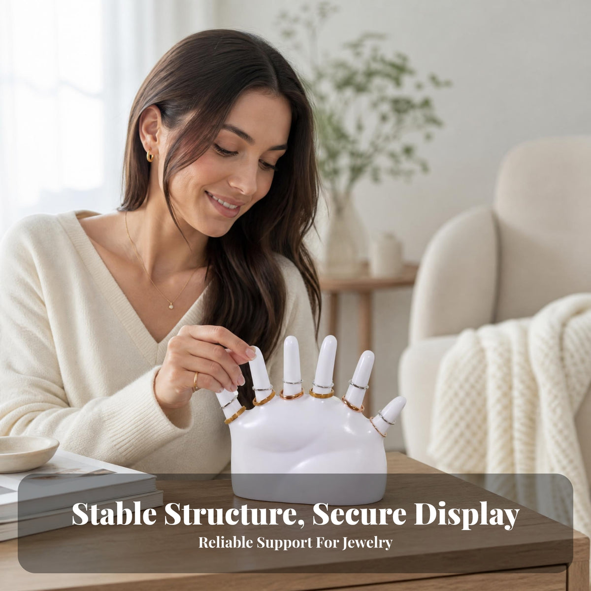 Glossy Finish Hand-Shaped Jewelry Holder PVC Hand Band Holder Flat Base Finger Band Display Unique Design for Desktop