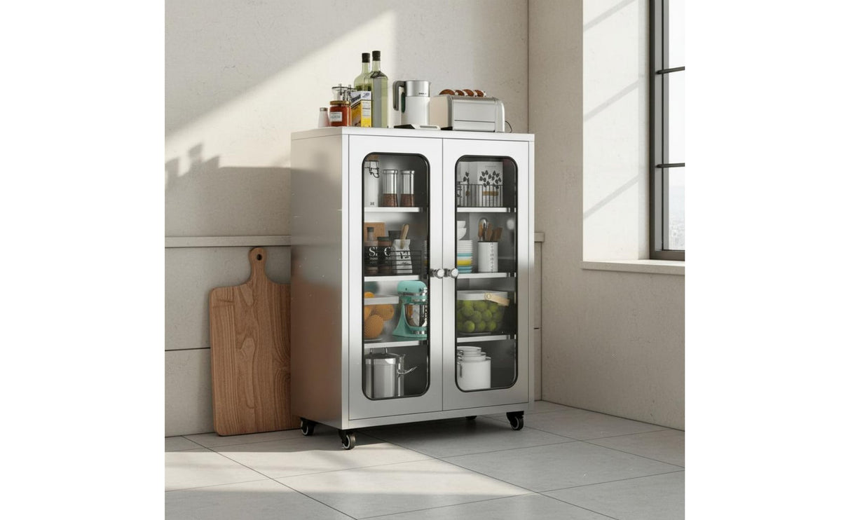 Stainless Steel Kitchen Cabinet Rust-Resistant Sliding Door Cupboard On Wheels Mobile Pantry Cabinet for Dining Room