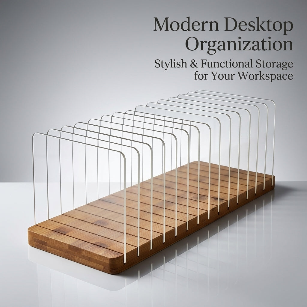 Desktop File Organizer with Acrylic Dividers, Wooden Desk Storage for Documents and Books, 8 Section Office Mail Sorter for Professionals