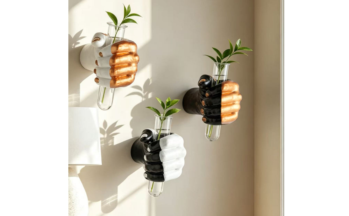 Fist-Shaped Vase with Glass Tube Sculptural Wall-Mounted Fist Vase Hydroponic