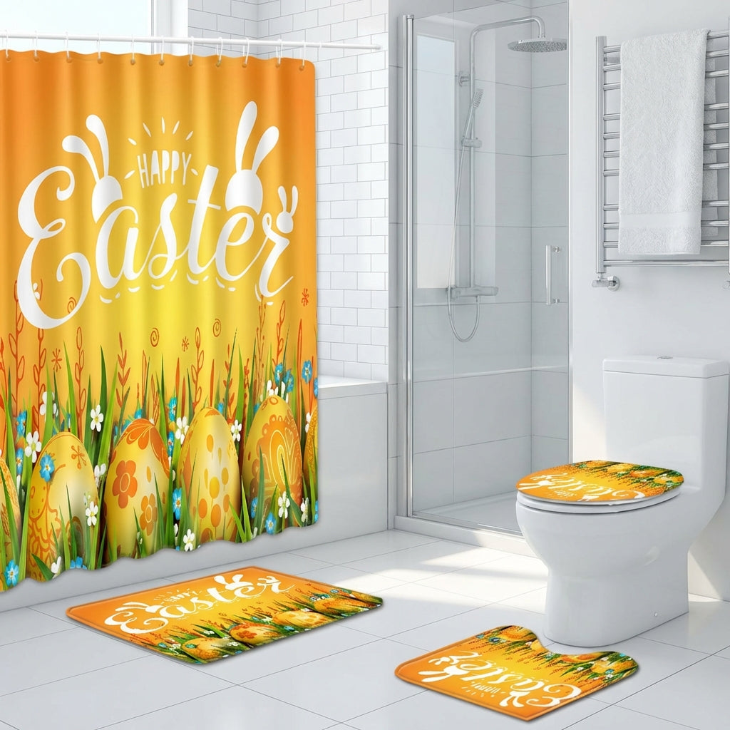 Easter Shower Curtain Sets Toilet Lid Cover and Bath Mat for Home, Apartment, Hotel, Restroom