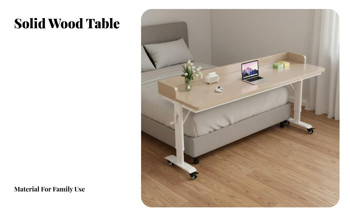 Height Adjustable Rolling Desk Solid Wood Tabletop Hand Crank Adjustable Desk Smooth Mobility Mobile Bedside Laptop Table for Dorm Room, Classroom